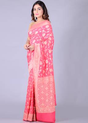 Coral hand woven pure chiffon saree with blouse 3