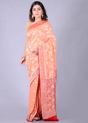 Peach hand woven pure chiffon saree with blouse 1