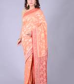 Peach hand woven pure chiffon saree with blouse