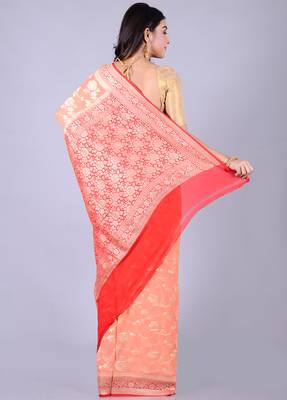 Peach hand woven pure chiffon saree with blouse 2