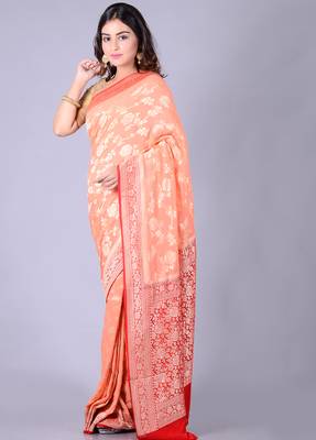 Peach hand woven pure chiffon saree with blouse 3