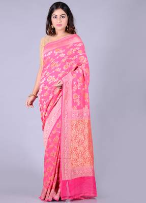 Pink hand woven pure chiffon saree with blouse 1