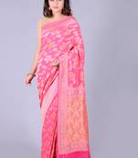 Pink hand woven pure chiffon saree with blouse