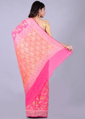 Pink hand woven pure chiffon saree with blouse 2