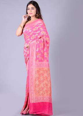 Pink hand woven pure chiffon saree with blouse 3