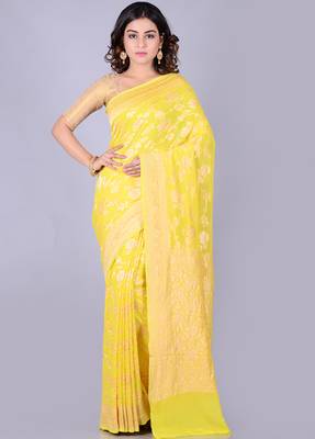 Yellow hand woven pure chiffon saree with blouse 1