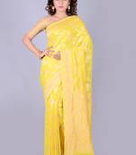 Yellow hand woven pure chiffon saree with blouse