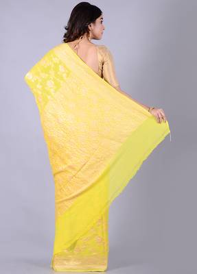Yellow hand woven pure chiffon saree with blouse 2