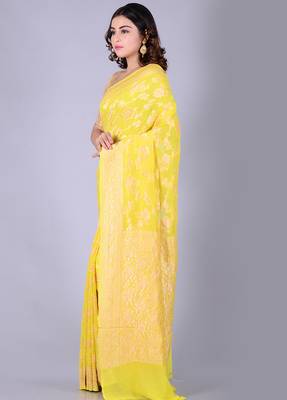 Yellow hand woven pure chiffon saree with blouse 3