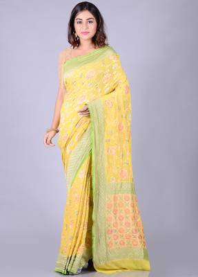 Yellow hand woven pure chiffon saree with blouse 1