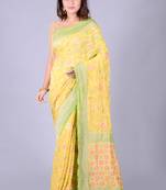Yellow hand woven pure chiffon saree with blouse
