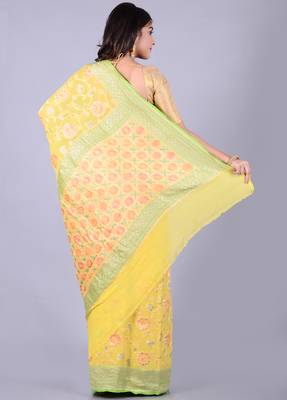 Yellow hand woven pure chiffon saree with blouse 2