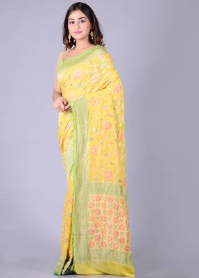 Yellow hand woven pure chiffon saree with blouse 3