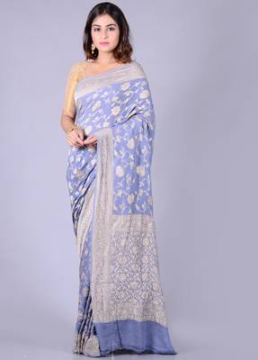 Grey hand woven pure chiffon saree with blouse 1
