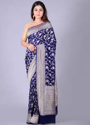 Blue hand woven pure chiffon saree with blouse 1