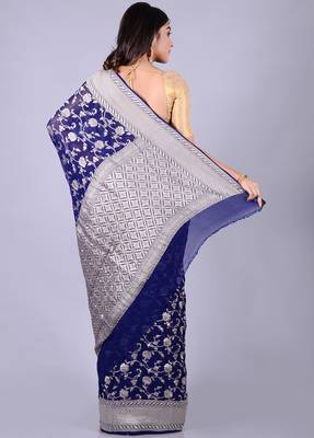 Blue hand woven pure chiffon saree with blouse 2