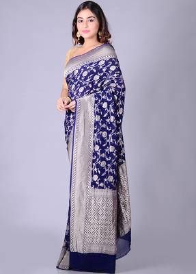 Blue hand woven pure chiffon saree with blouse 3