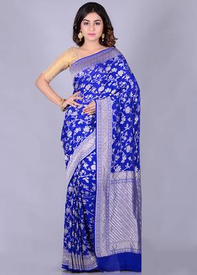 Blue hand woven pure chiffon saree with blouse 1