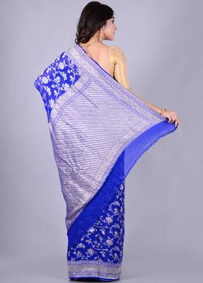 Blue hand woven pure chiffon saree with blouse 2