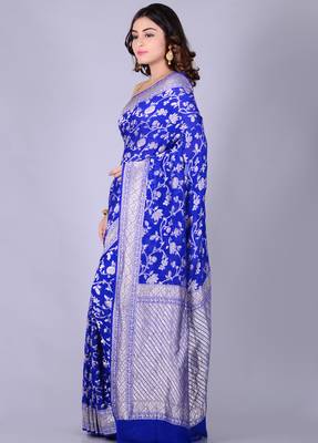 Blue hand woven pure chiffon saree with blouse 3