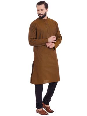 Brown woven pure cotton kurta-pajama 3