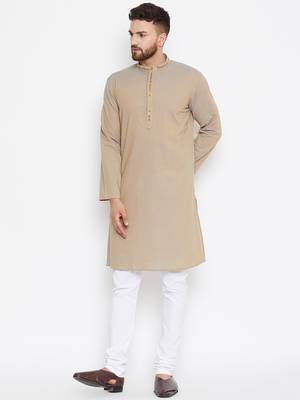 Beige woven pure cotton kurta-pajama 1