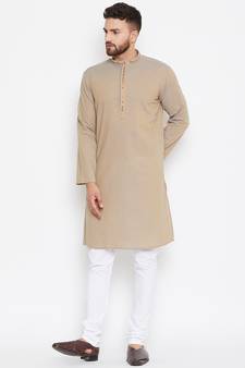 Beige woven pure cotton kurta-pajama