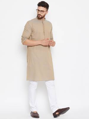 Beige woven pure cotton kurta-pajama 2