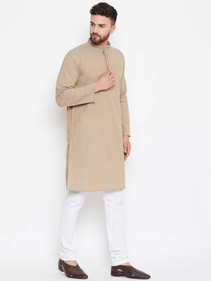 Beige woven pure cotton kurta-pajama 3