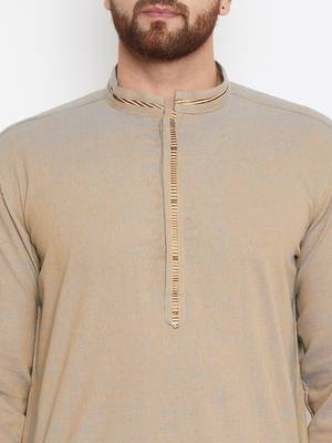 Beige woven pure cotton kurta-pajama 5