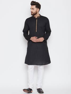 Black woven pure cotton kurta-pajama 1