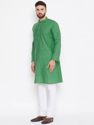 Green woven pure cotton kurta-pajama 3