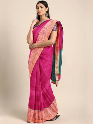 Pink woven cotton silk saree with blouse 1