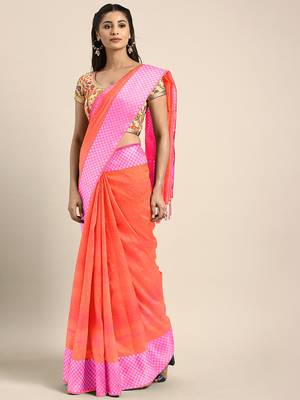 Peach printed art silk saree with blouse 1