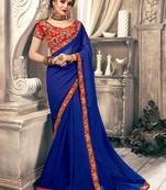 Blue Embroidered Chiffon Saree With Blouse