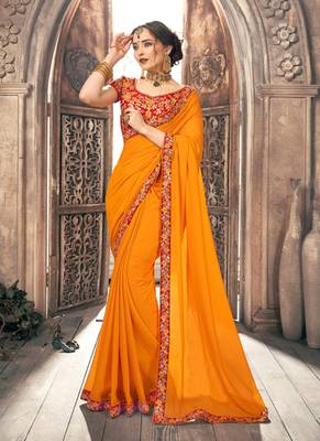 Mustard embroidered chiffon saree with blouse 1