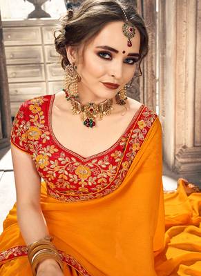 Mustard embroidered chiffon saree with blouse 2