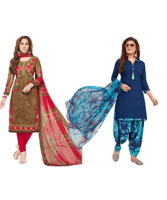 Combo Of 2 Synthetic Multicolor Printed Women's Salwar Suit Dress Material With Dupatta 1