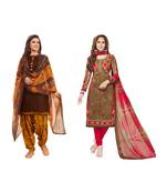 Combo Of 2 Synthetic Multicolor Printed Women's Salwar Suit Dress Material With Dupatta