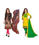 Combo Of 2 Synthetic Multicolor Printed Women's Salwar Suit Dress Material With Dupatta