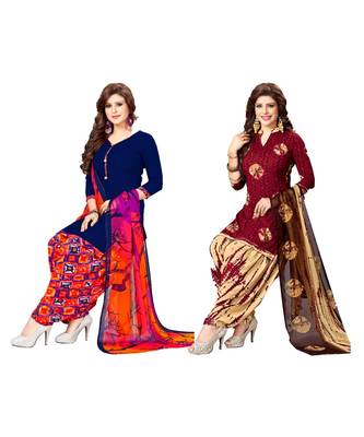 Combo Of 2 Synthetic Multicolor Printed Women's Salwar Suit Dress Material With Dupatta 1