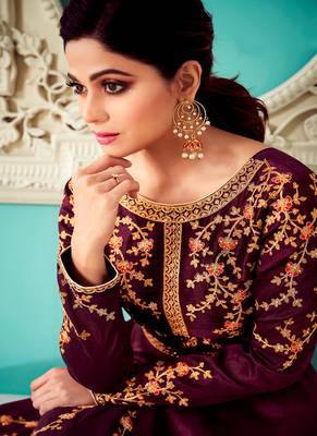 Wine embroidered silk blend salwar 2