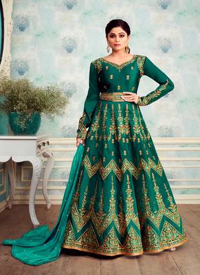 Teal embroidered silk blend salwar 1
