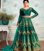 Teal embroidered silk blend salwar