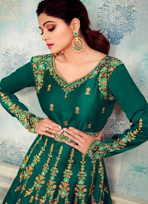 Teal embroidered silk blend salwar 4