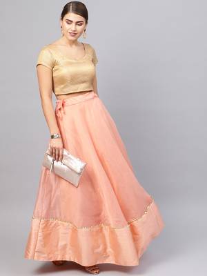 Peach Chanderi Cotton Woven Flared Skirt 1