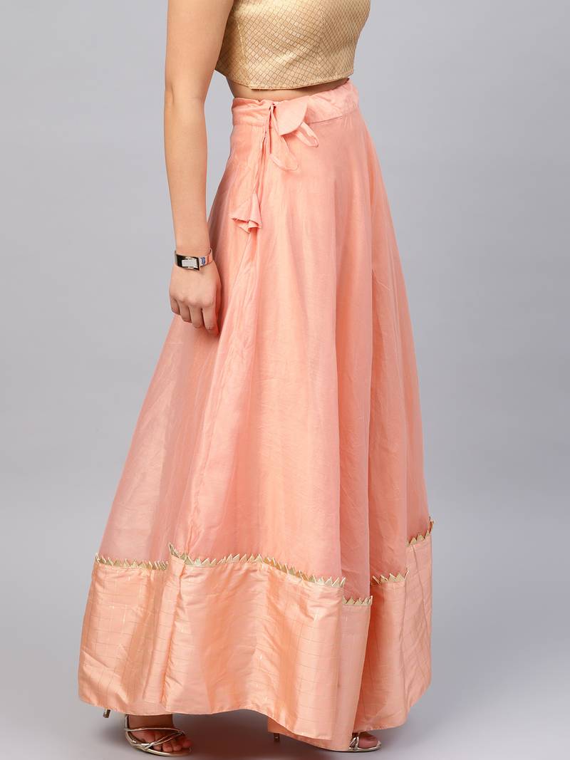 Peach Chanderi Cotton Woven Flared Skirt