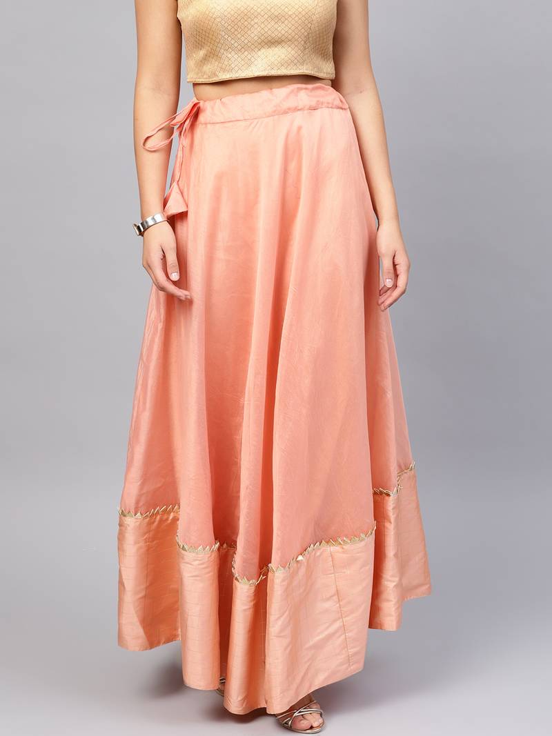 Peach Chanderi Cotton Woven Flared Skirt