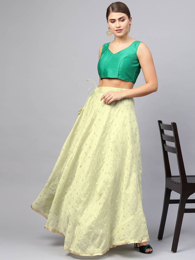 Green Chanderi Cotton Woven Flared Skirt