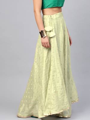 Green Chanderi Cotton Woven Flared Skirt 2